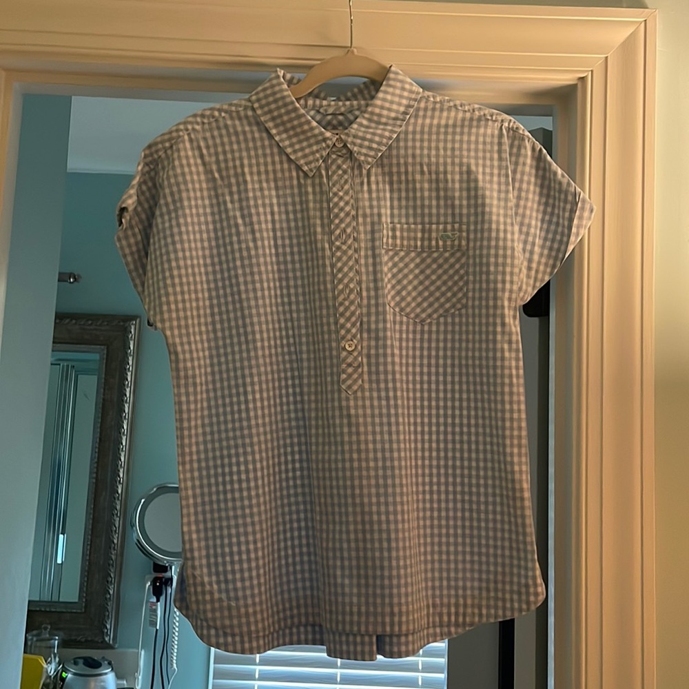 Blue and White gingham shirt from Vineyard Vines. So cute!!
